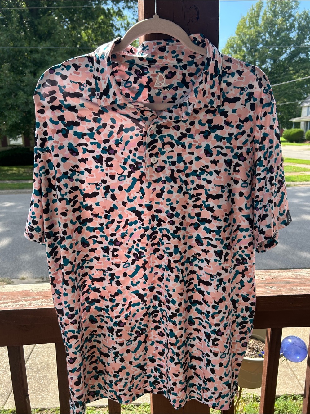 Men's Pink Leopard Print Polo with Teal and Black Accents